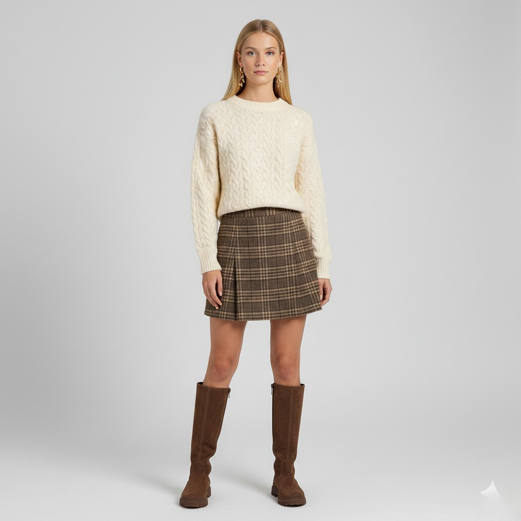 Ensemble à maille torsadée à carreaux pour femme