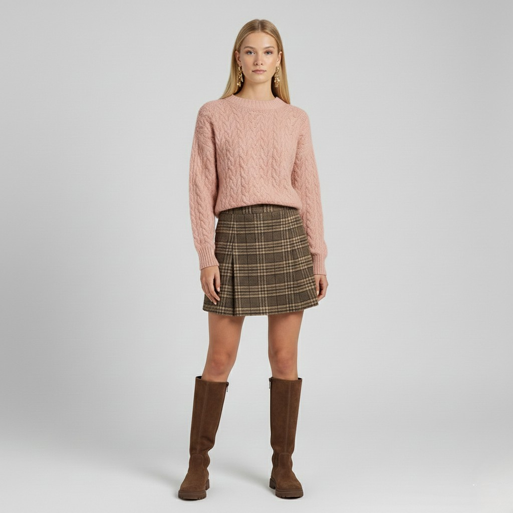 Ensemble à maille torsadée à carreaux pour femme
