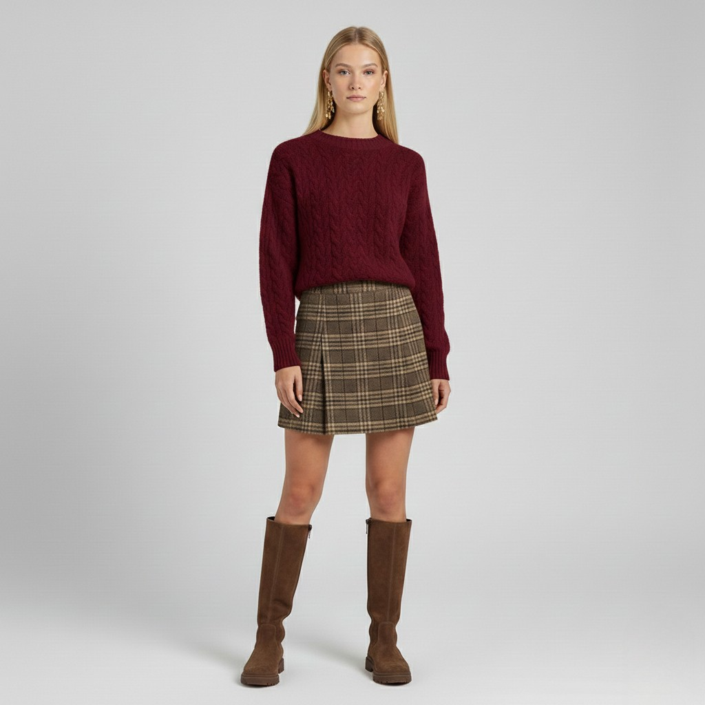 Ensemble à maille torsadée à carreaux pour femme